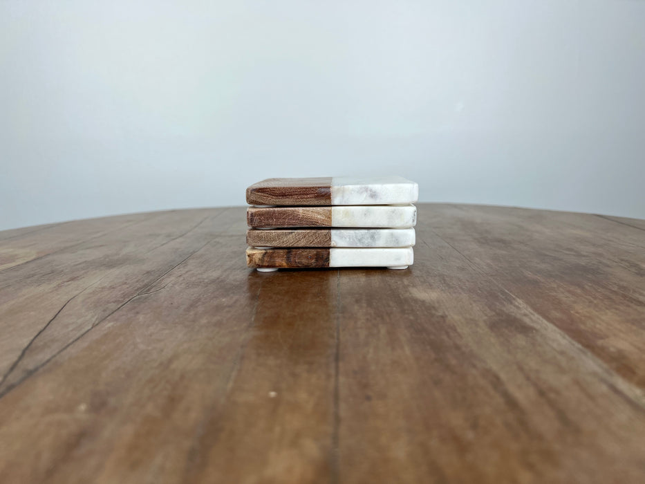 Square Wooden and Marble Coaster Set (4)