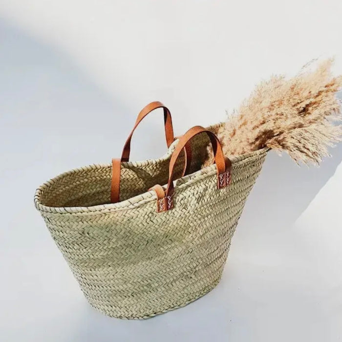 Straw Basket with Double Leather Handles