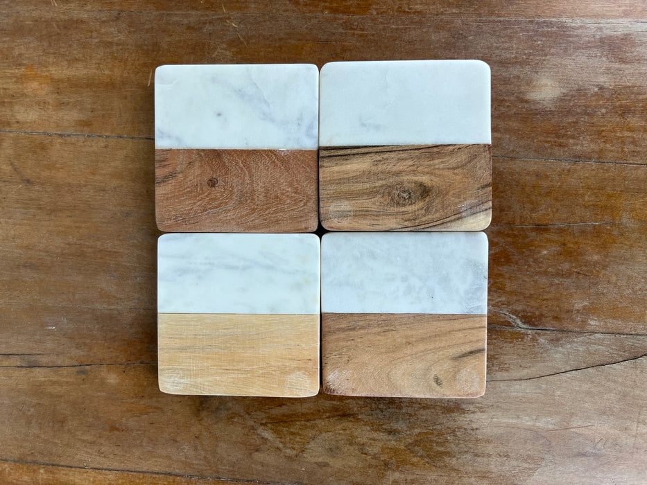 Square Wooden and Marble Coaster Set (4)