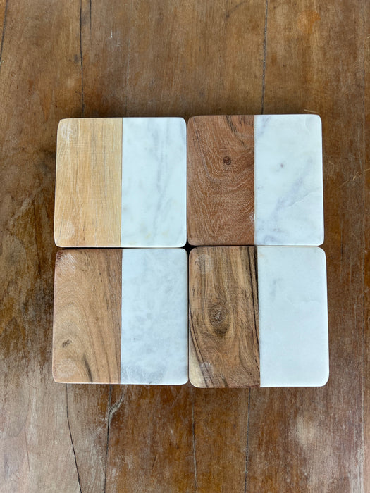 Square Wooden and Marble Coaster Set (4)